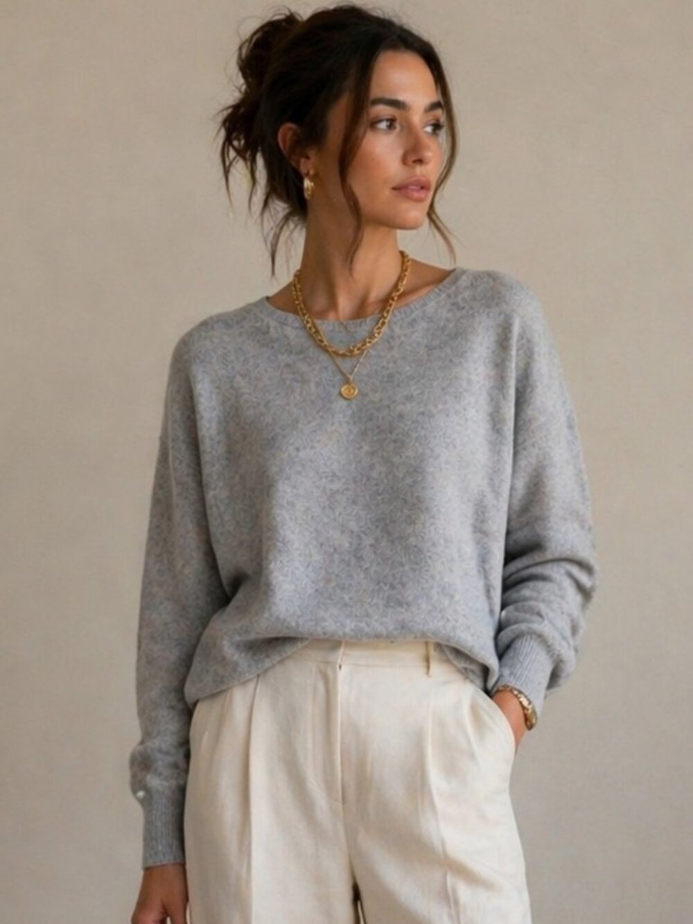 Le Kasha 100% Cashmere Sweater Gray M Women Crewneck Luxury Soft Knit Pullover